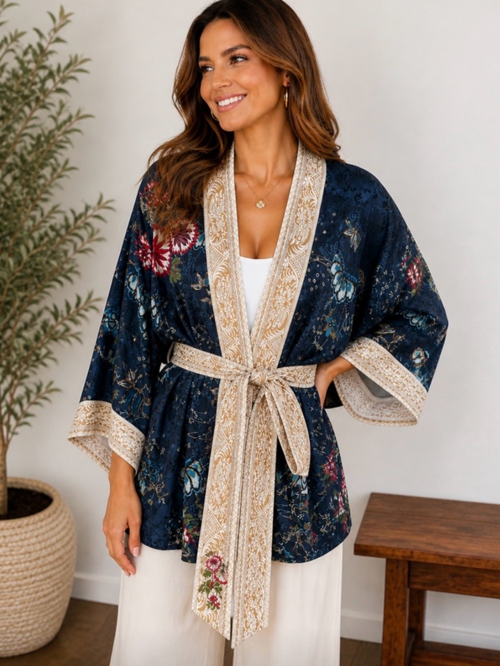 SOMA Silk Kimono Jacket | Embroidered Floral Wrap | Luxe Boho Chic Robe